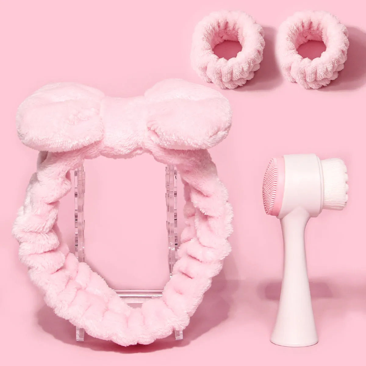 Facial brush set with coral fleece hair band and cleansing brushes in multiple colour options