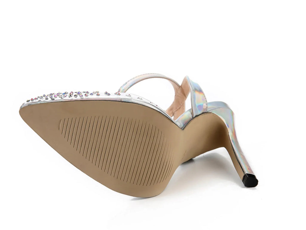 Women's pointed toe diamond sandals with a stiletto heel on a white background.