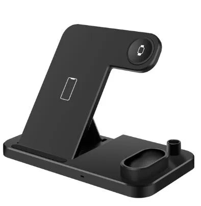 4-in-1 wireless charging station showing phone, Apple Watch, and AirPods charging on adjustable magnetic stand.