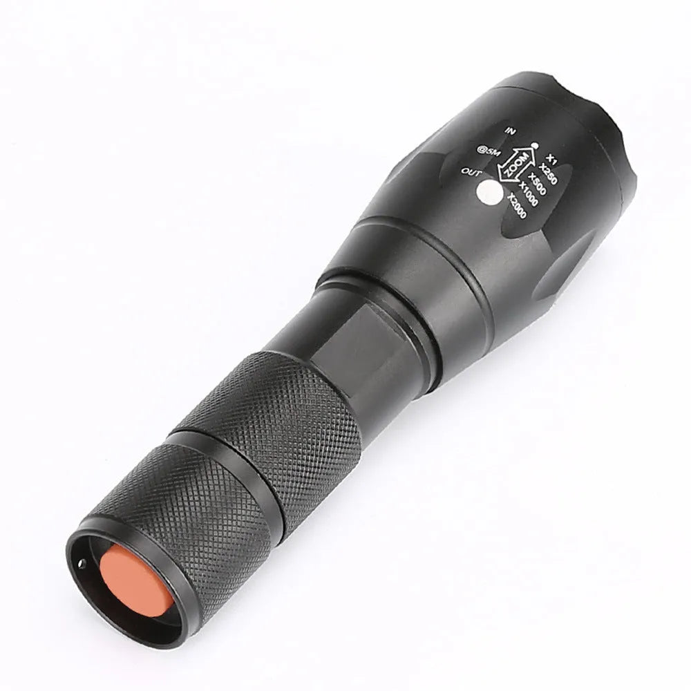 Black aluminium zoomable LED flashlight showing adjustable focus head and textured anti-skid grip.