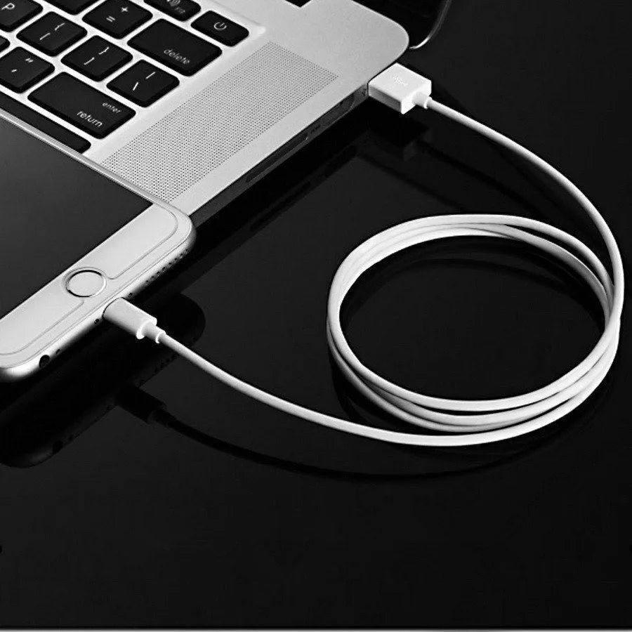 White 5V 2A USB travel charger and Lightning cable for iPhone and iPad on a wooden table.