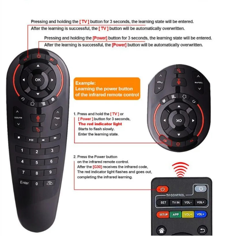G30 wireless keyboard remote control with nano receiver on a table.