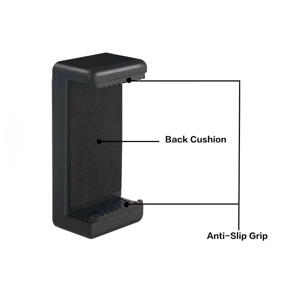 Black plastic rotating clamp phone holder for car dashboard with compact 10mm by 4mm by 3.5mm size