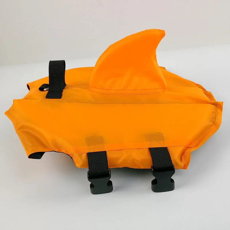 Shark dog life vest in blue or orange cloth with buckle, sizes XS to XXL