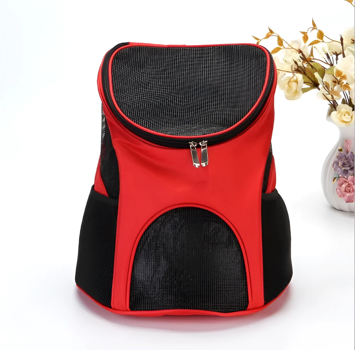 Breathable polyester pet travel backpack carrier in red, 30x25x35cm, for small dogs and cats.