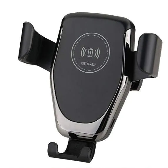 Black wireless car charger mounted on a car air vent, holding an iPhone.