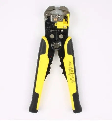 Yellow automatic wire stripper crimper cutter multitool with adjustment screw