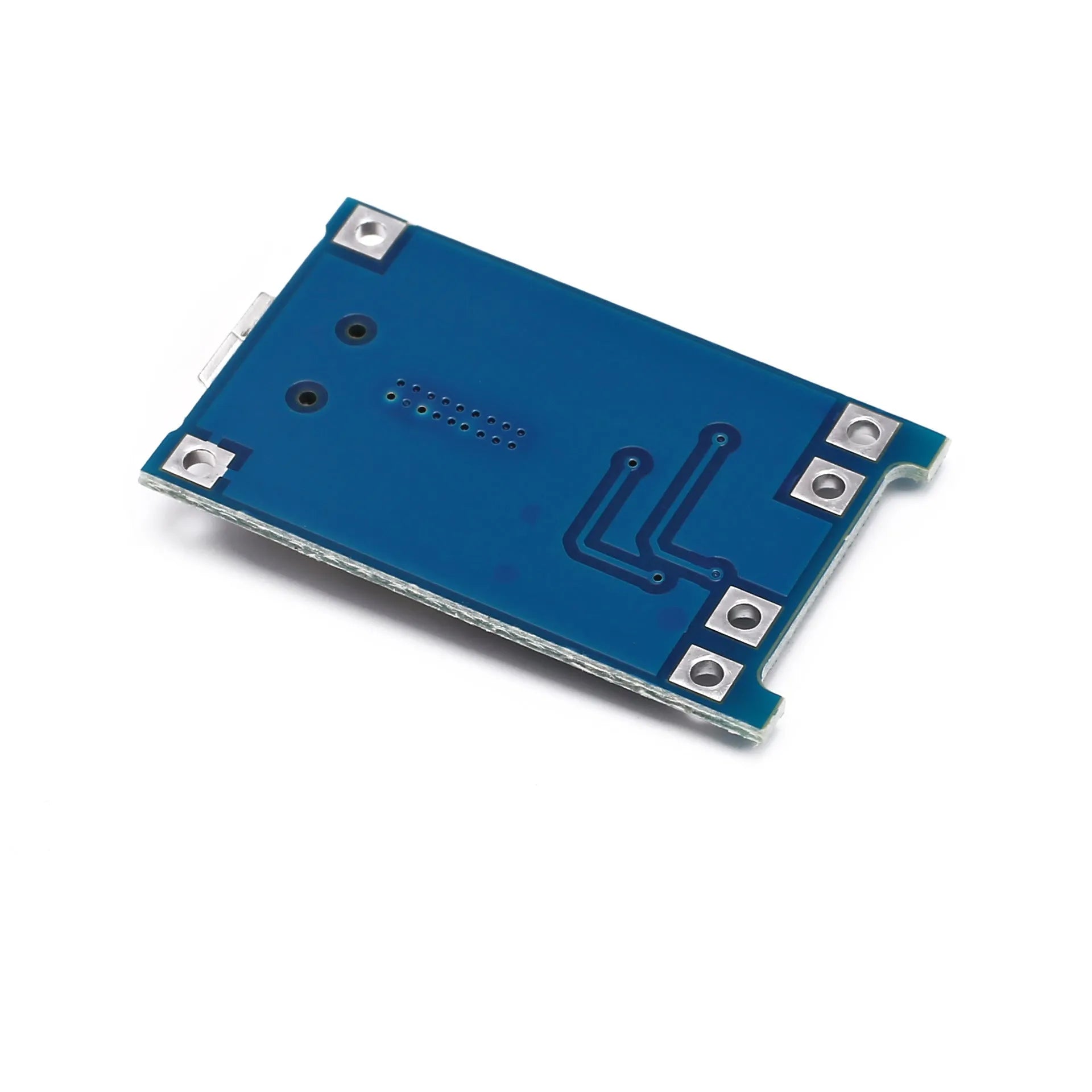 Blue lithium battery charging and protection circuit board measuring 2.6 by 1.7 centimetres.
