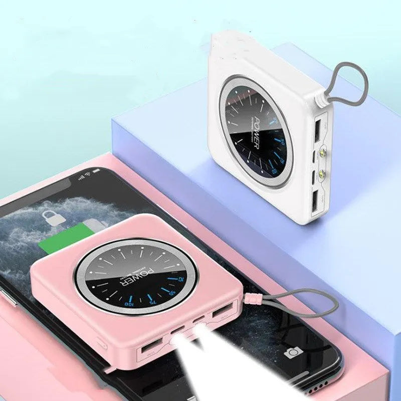 Mini portable power bank charger with a digital clock display on its front face.