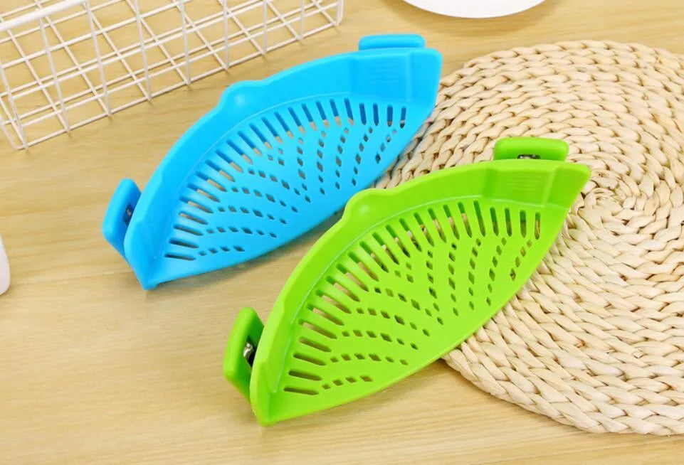 Silicone clip-on kitchen funnel strainer with stainless steel inner frame in blue colour.
