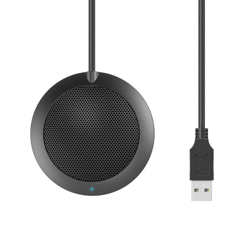 Black USB desktop microphone with metal mesh cover and 70mm diameter