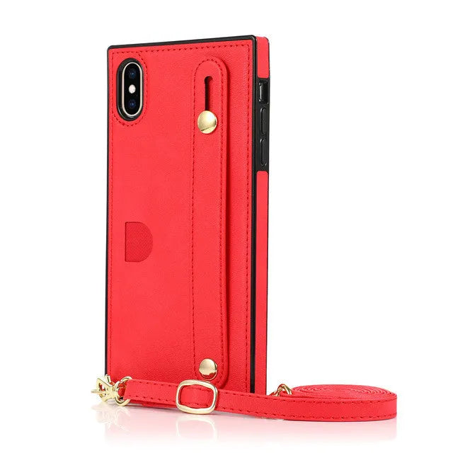 Leather messenger phone case with card holder and detachable wristband for iPhone protection