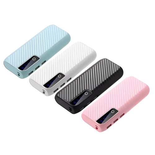 20000mAh mini portable power bank in black showing dual USB outputs and compact size