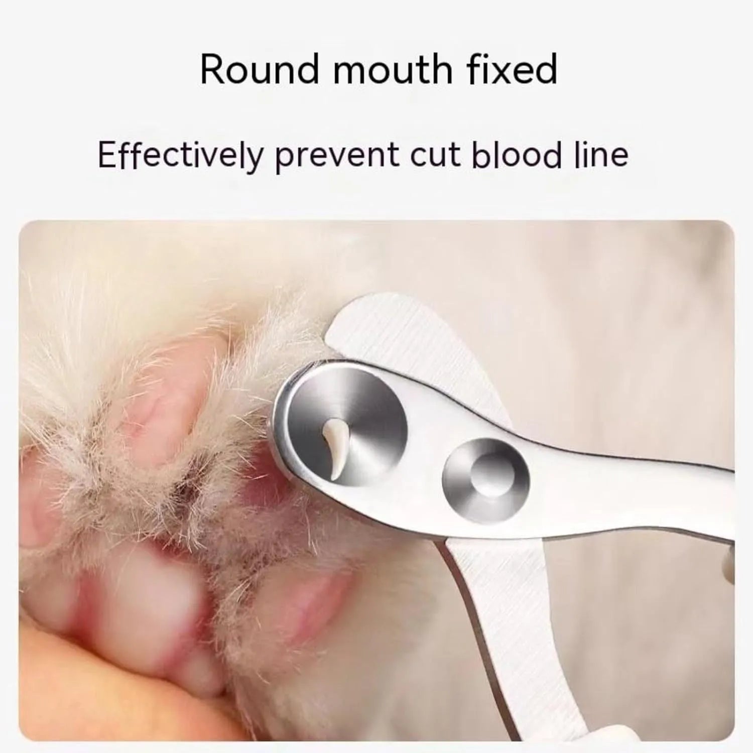 Blue pet nail clippers with a circular safety hole and cushioned non-slip handle.
