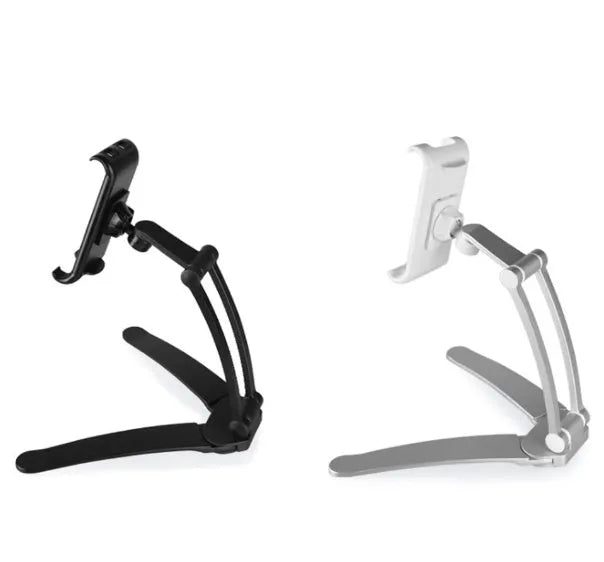 Silver and white aluminum alloy desktop stand holding a tablet at an adjustable angle.