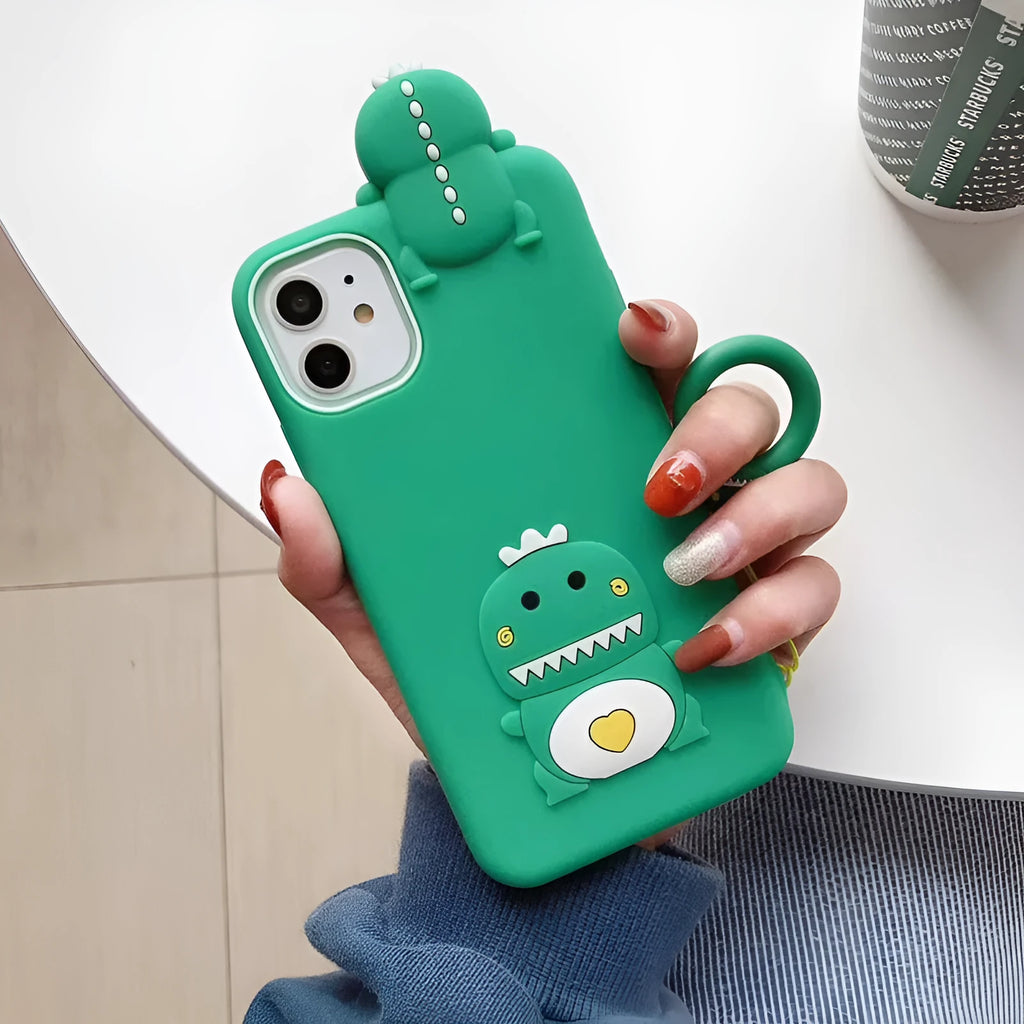 Green silicone iPhone case with cartoon animal design showing back cover protection