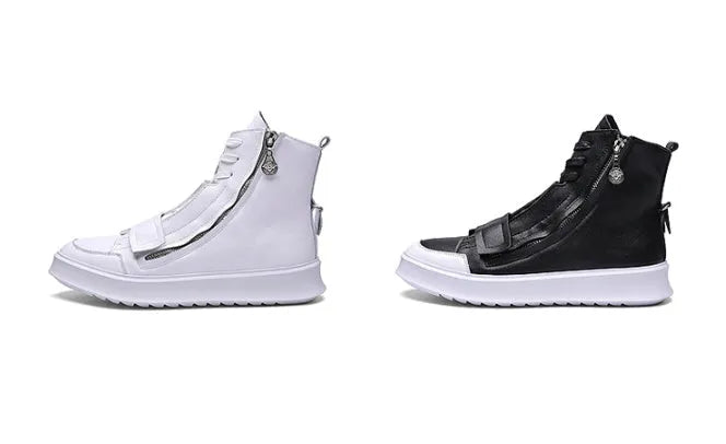 Men's black and white high-top sneaker style ankle boots made from PU leather microfiber for winter.