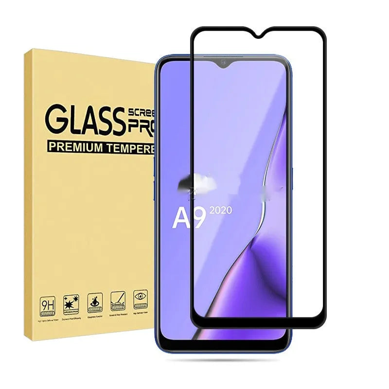 Full glue tempered glass screen protector for OPPO A9 2020 smartphone shown in black.