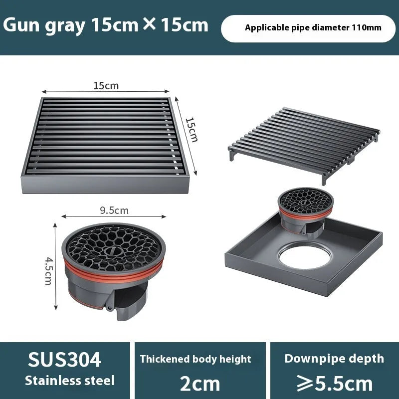 Gun grey 304 stainless steel courtyard floor drain with square grate and deodorising water seal.