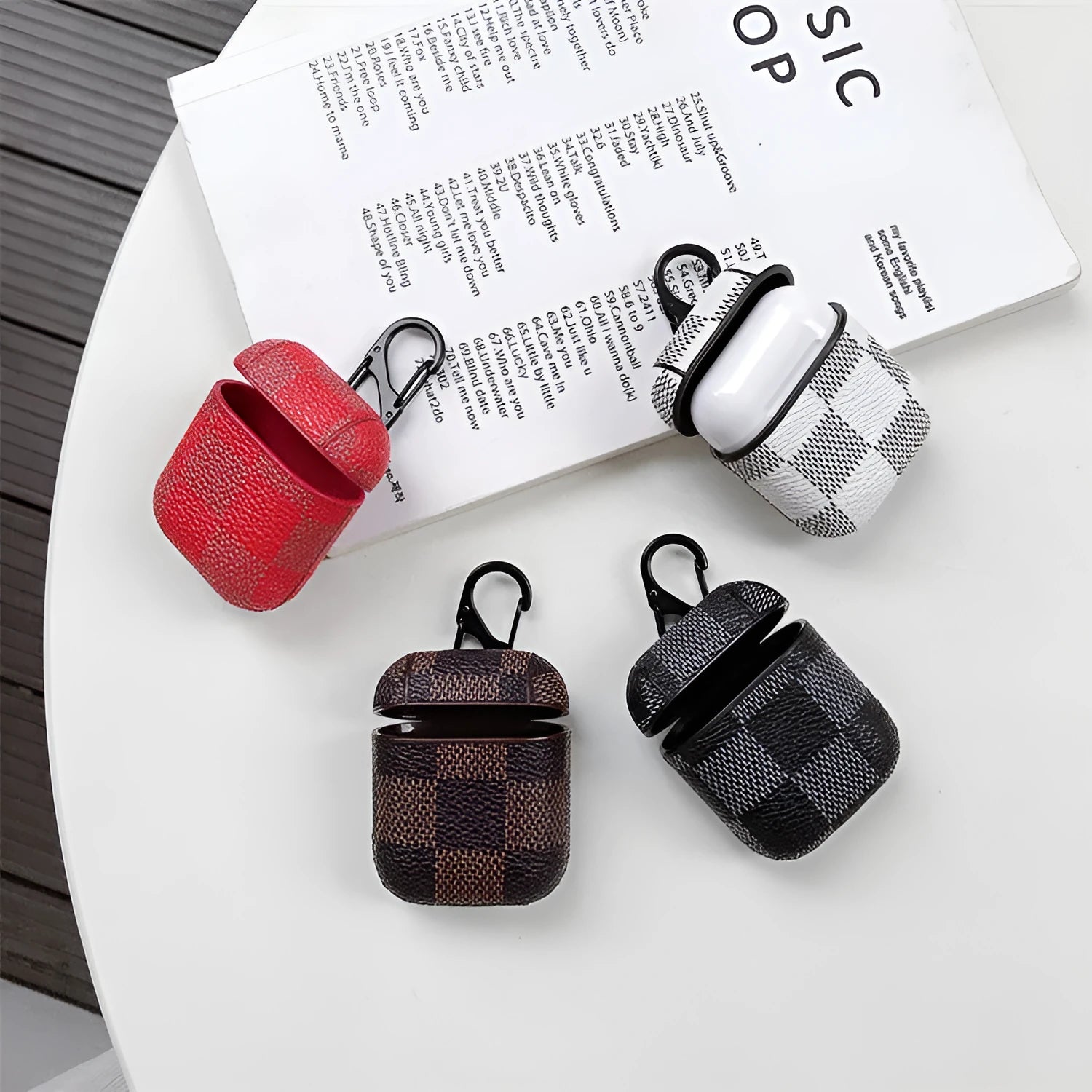IPhone XS MAX hard plastic case with leather-effect grid pattern in black, brown, red, and white colour options.