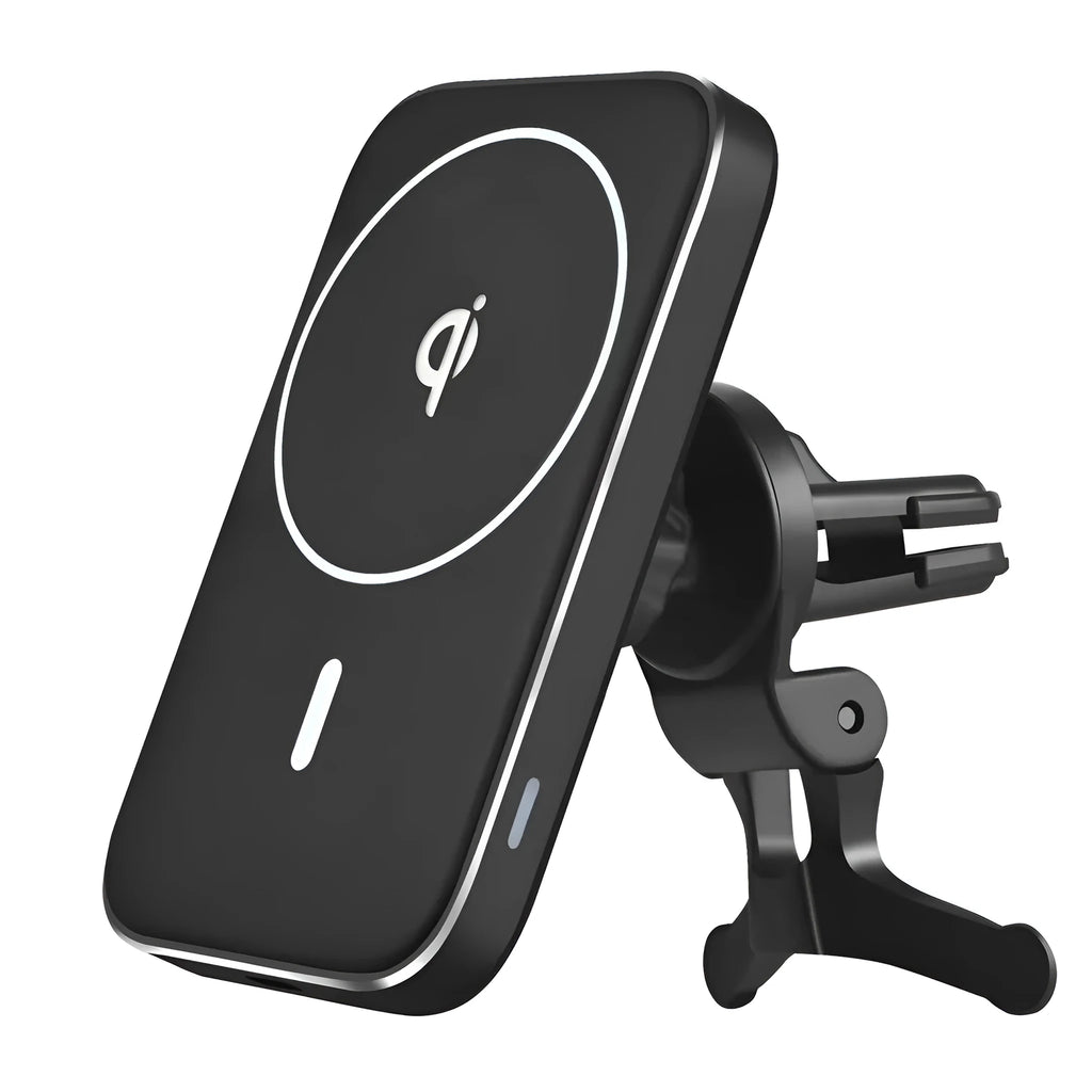 Black M6 magnetic car wireless charger mounted on vehicle dashboard with phone attached