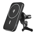 Black M6 magnetic car wireless charger mounted on vehicle dashboard with phone attached