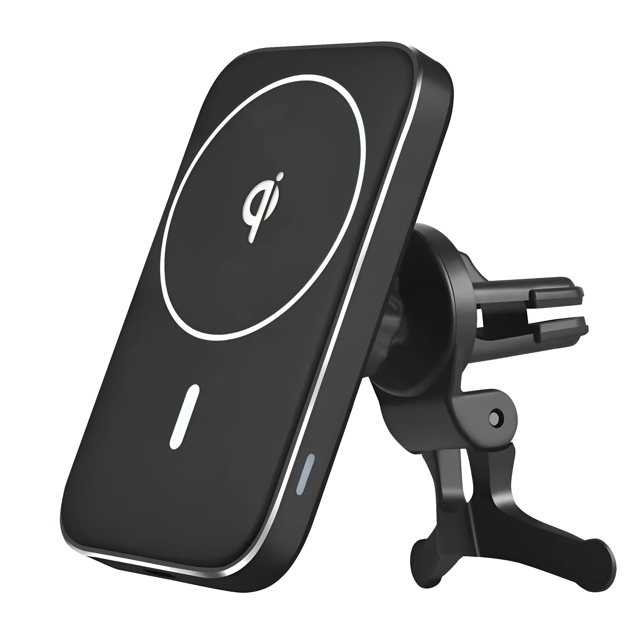 Black M6 magnetic car wireless charger mounted on vehicle dashboard with phone attached