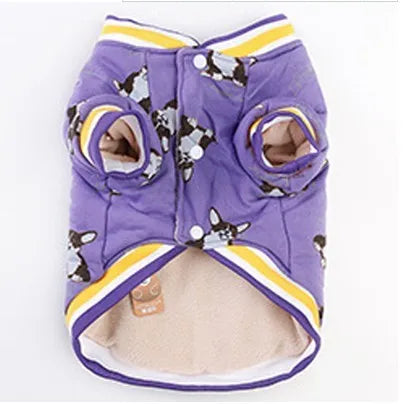 Cotton dog winter jumper in purple and navy blue, sizes XS to XXL for 2-25 kg dogs