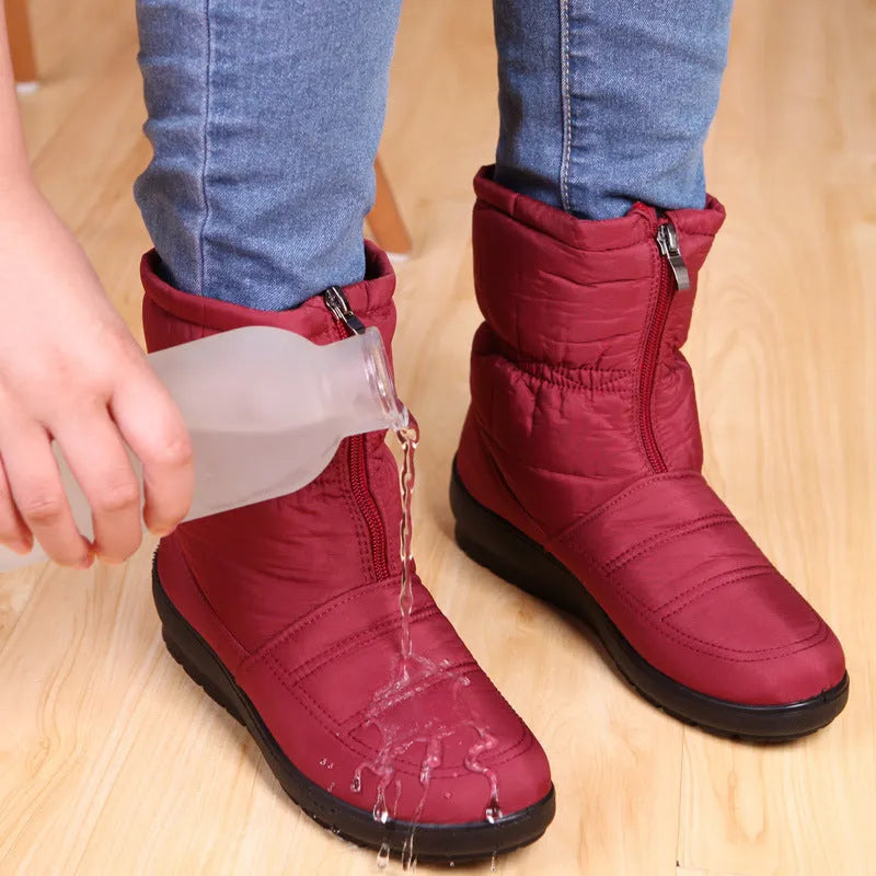 Women's winter snow boots with cloth upper, 3cm heel, 16cm tube height, artificial thick hair lining, black brown red.