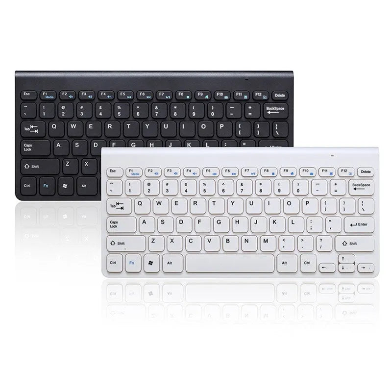 Black and white wireless keyboard and mouse set with 2.4GHz receiver showing 10m range