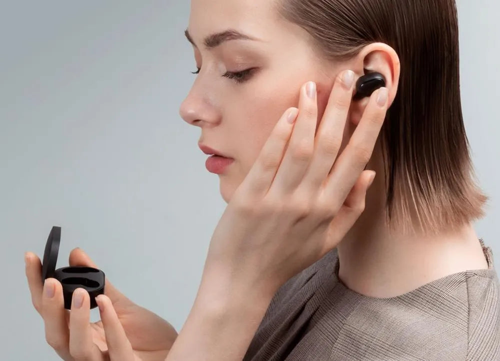 Redmi AirDots 2 black true wireless earbuds with charging case on a white background