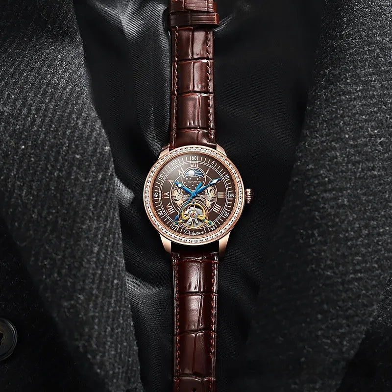 Men's waterproof mechanical watch with stainless steel strap, round dial, and transparent case back showing the movement.