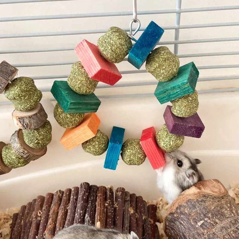 Hamster chew toy with Applewood rod and decorative straw ball ring for small animals