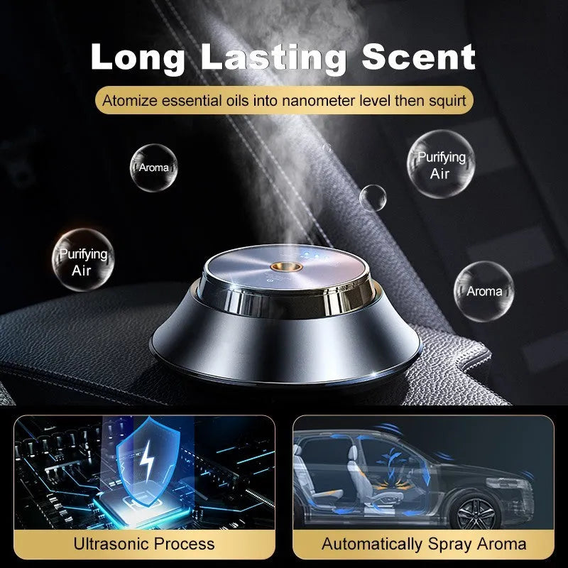 Black metal butterfly design car aromatherapy air purifier with USB cable and essential oil bottle.