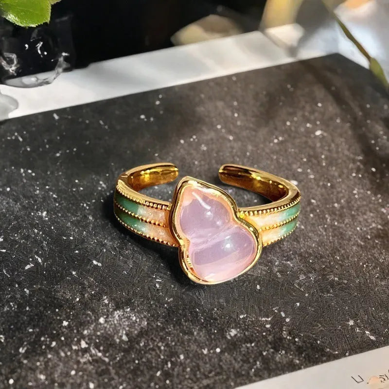 Adjustable copper gourd ring with inlaid zircon stones in a vintage oil dripping finish.
