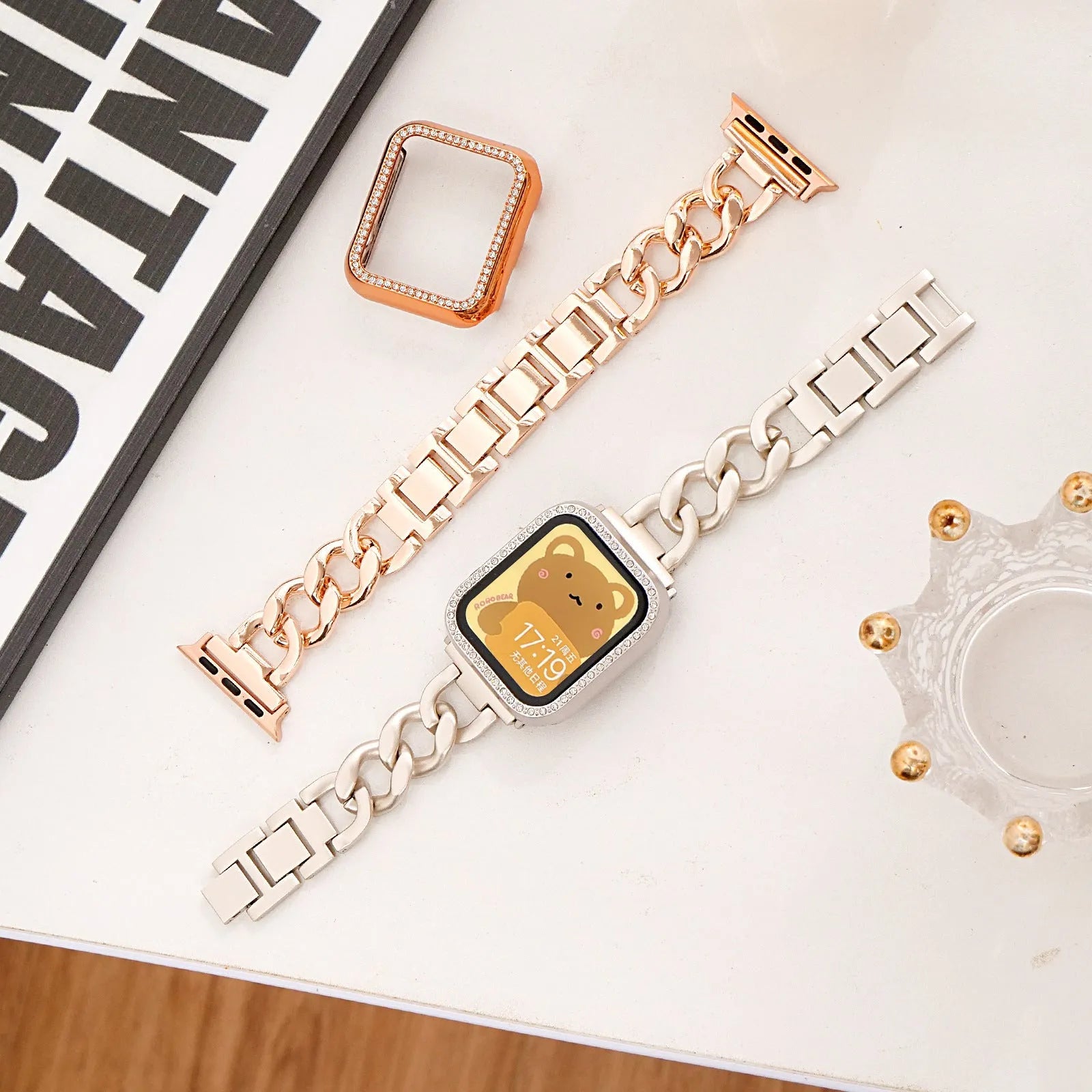 Denim chain metal Apple Watch strap in silver, black, gold, rose gold, and starlight colours for 38-49mm models