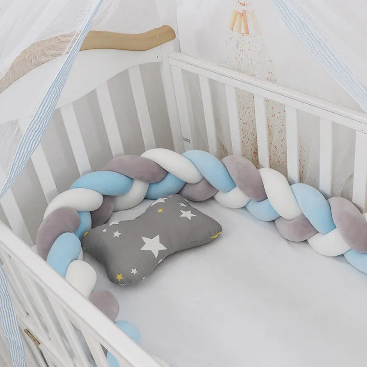 Baby crib bumper in crystal velvet with braid knot design showing flexible length options for cot protection