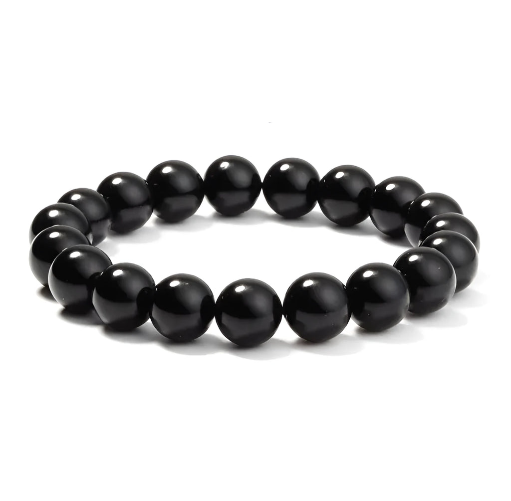 Geometric black agate bracelet with 8mm beads on a black elastic cord for women.