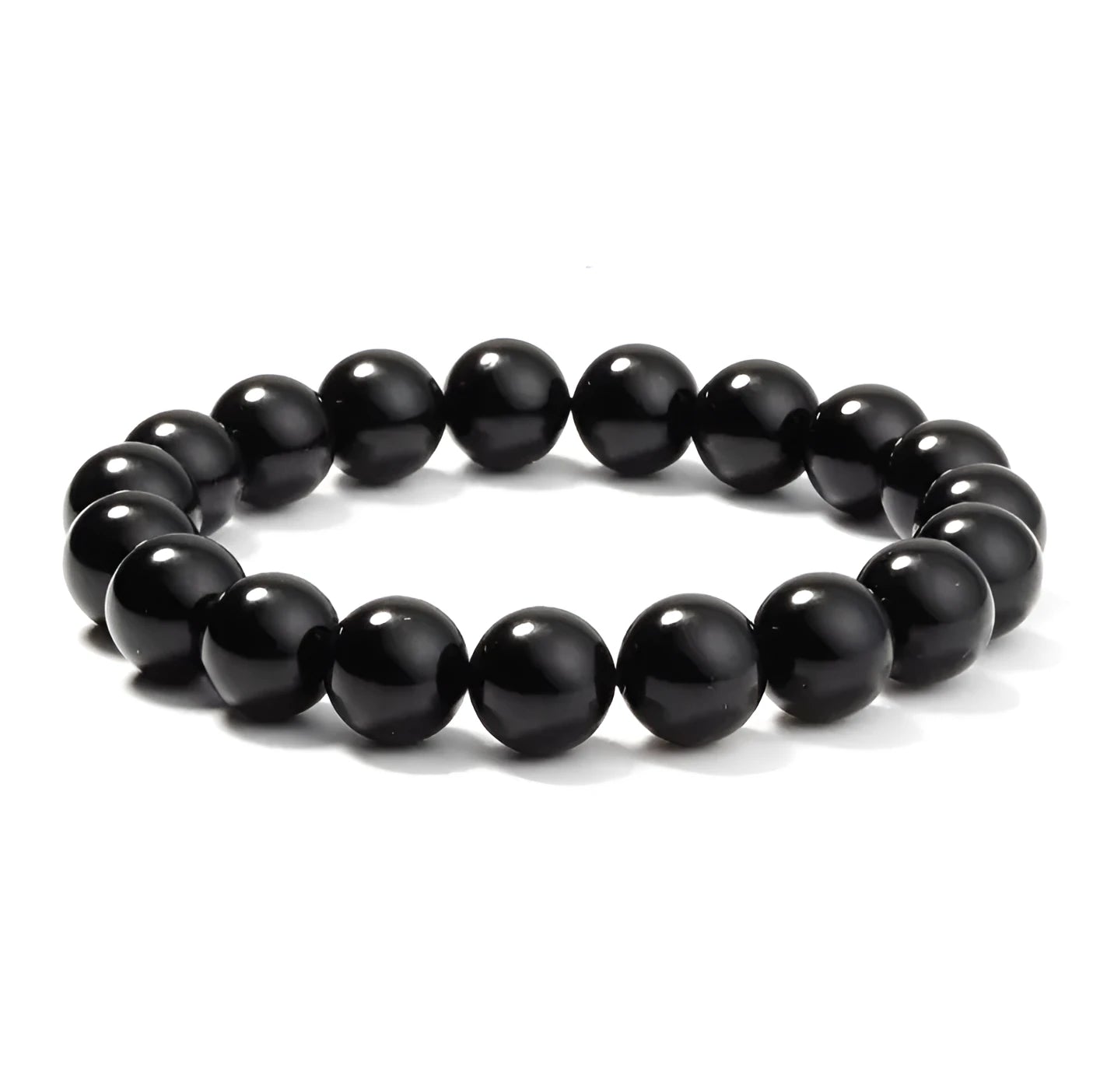 Geometric black agate bracelet with 8mm beads on a black elastic cord for women.