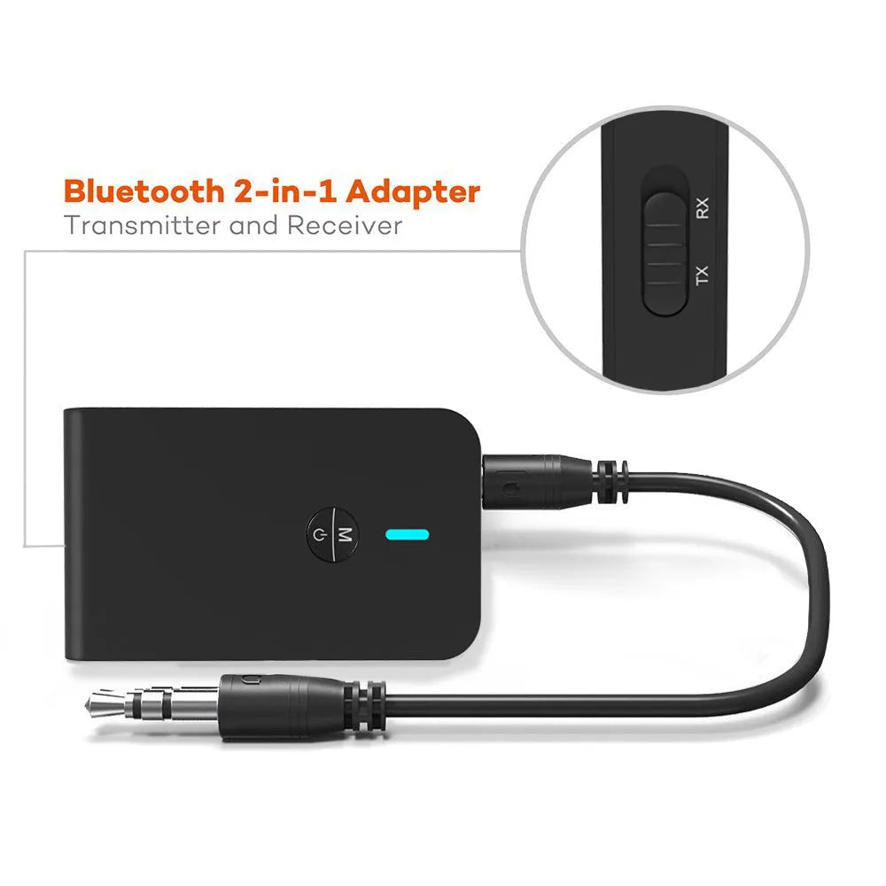 Black Bluetooth audio adapter with 3.5mm jack and external power supply unit