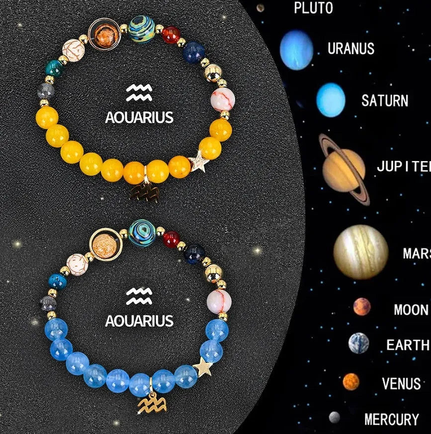 Natural stone beaded zodiac bracelet set with twelve astrological sign designs