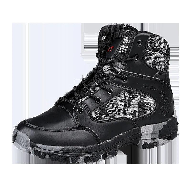 Men's high-top hiking shoes in black camouflage with metal accents on artificial PU upper.