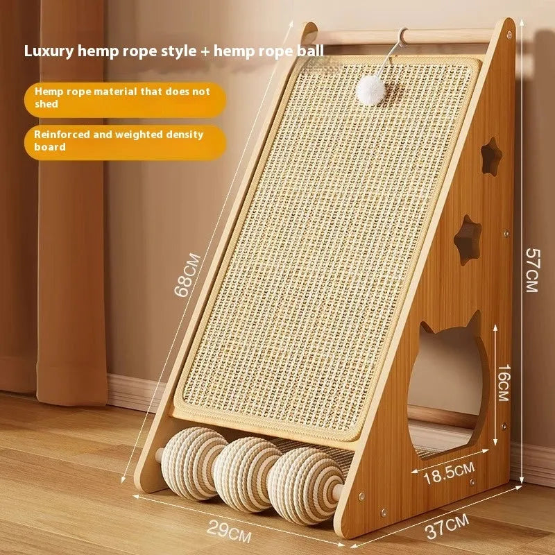 Vertical cat scratch board with hemp rope and teasing ball design, wall-mounted scratching post set
