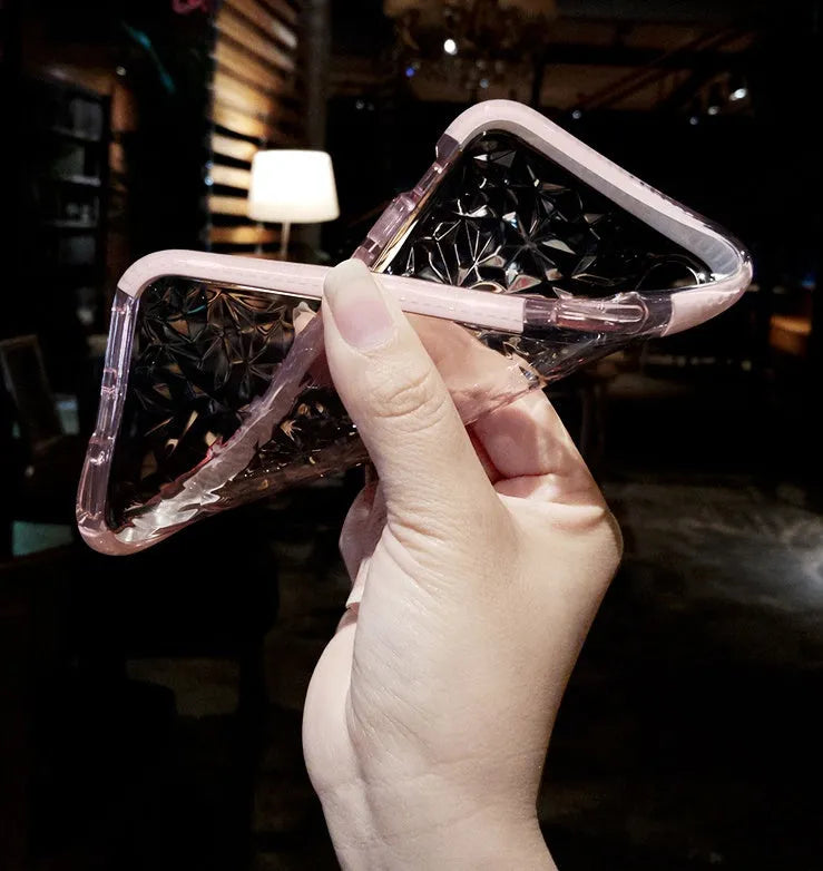TPU iPhone case with stripe design in pink, white, or black border colours