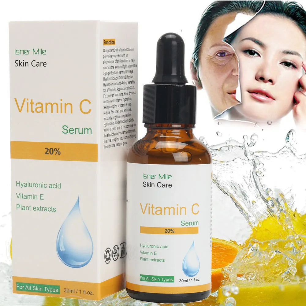 30ml bottle of undiluted Vitamin C skincare essence serum for dull uneven pigmented skin.