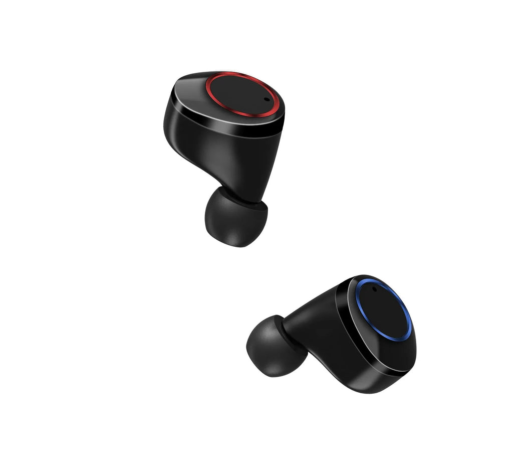 Black X11 wireless Bluetooth earbuds and charging case with silicone ear tips on a white background.
