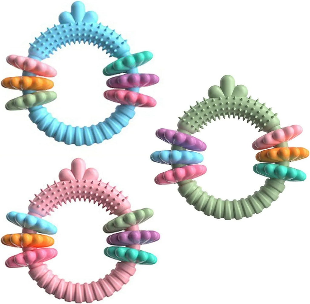 TPR dog chew toy with squeaker in blue, green, or pink colours for small dogs teeth cleaning
