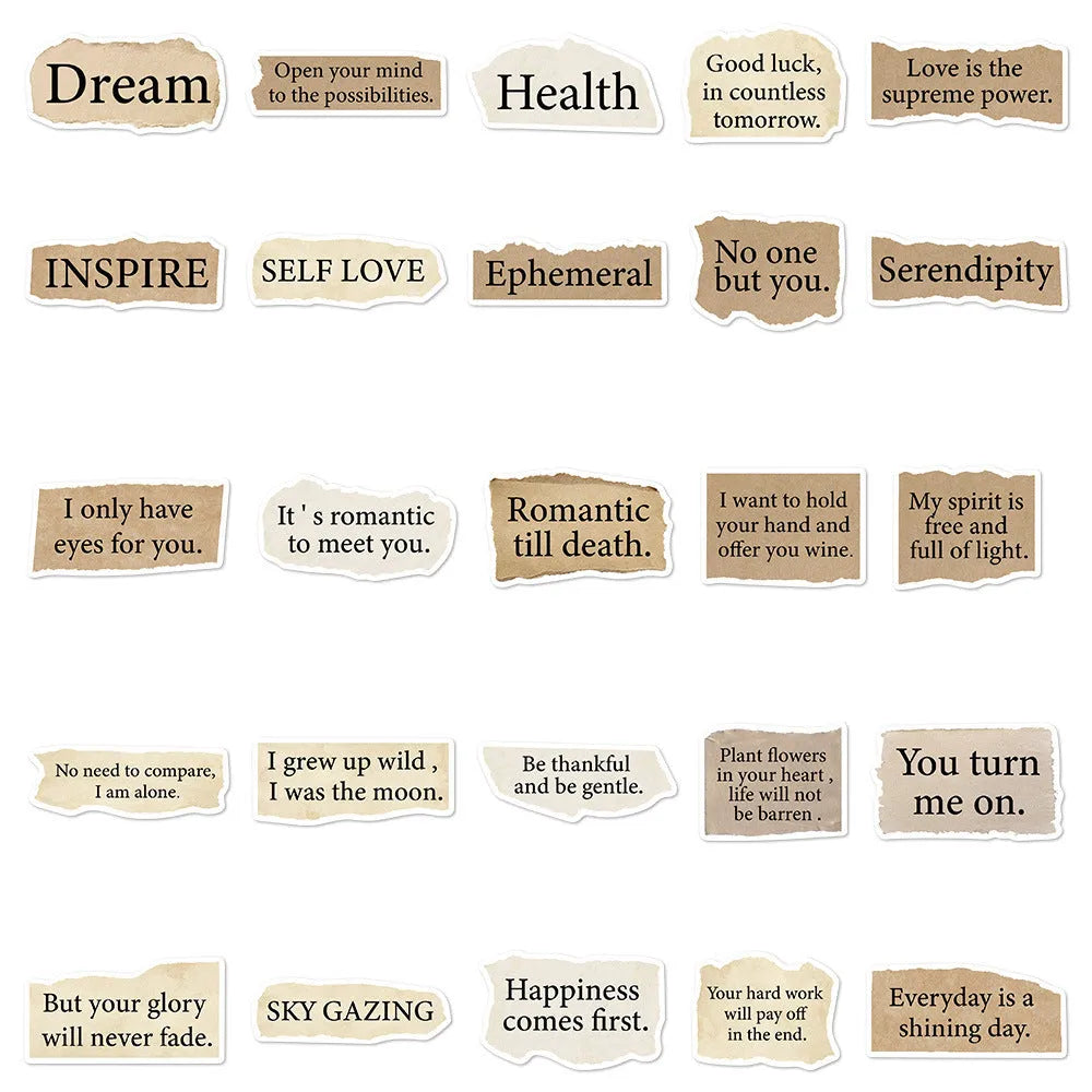 Set of 25 tear English text decorative PVC stickers for laptops and phones.