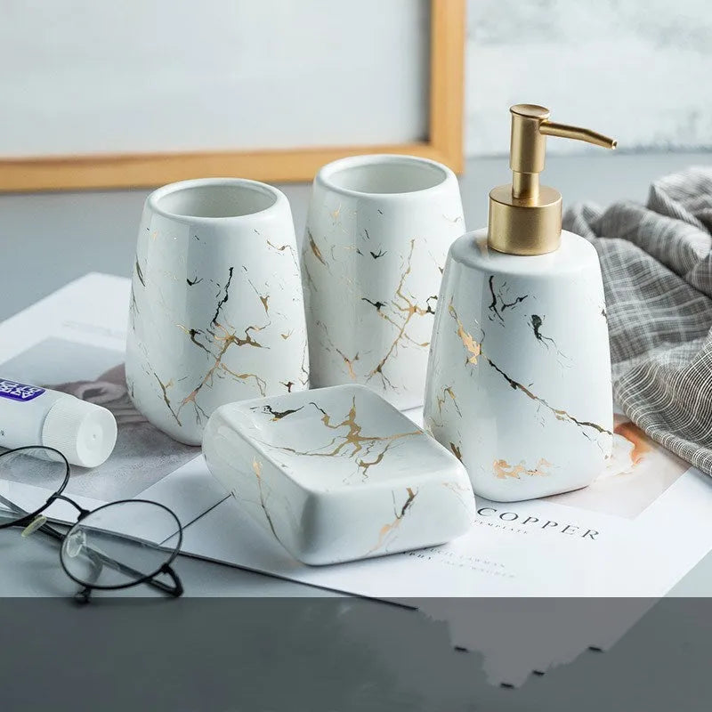 Ceramic bathroom wash set in black, blue, or white with a smooth porcelain finish and light luxury decal styling.