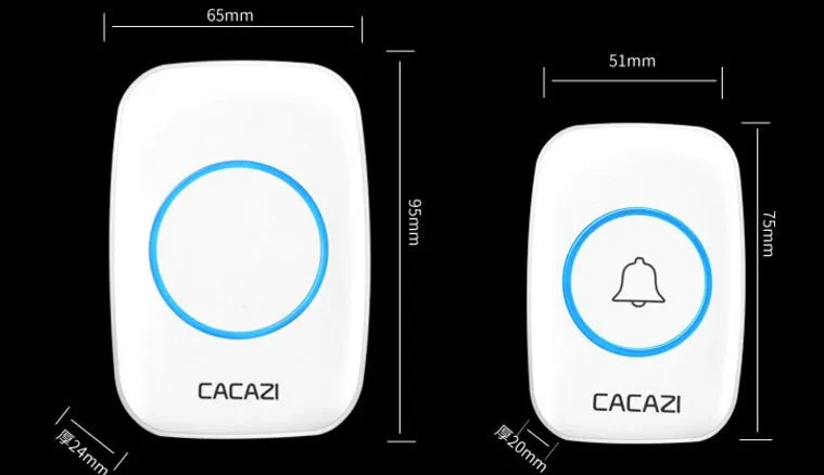 Wireless plug-in doorbell receiver and push button in black, white, silver, or gold finishes.